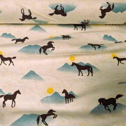 Horse FLANNEL fabric, Black Stallion with Mountain and Sun