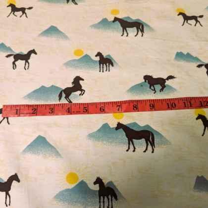 Horse FLANNEL fabric, Black Stallion with Mountain and Sun