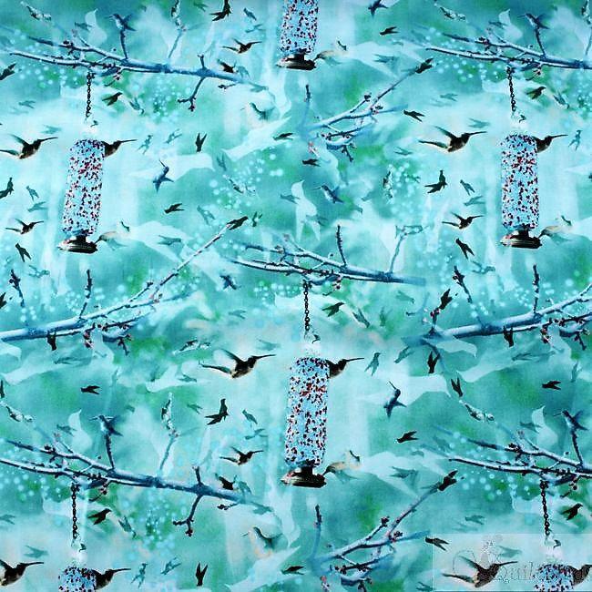 Hummingbird Fabric on Turquoise Background