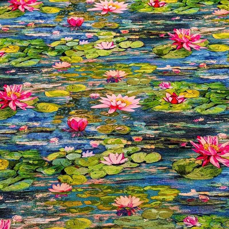 Impressionist Water Lily Cotton Canvas Fabric, Claude Monet - Fabric Design Treasures