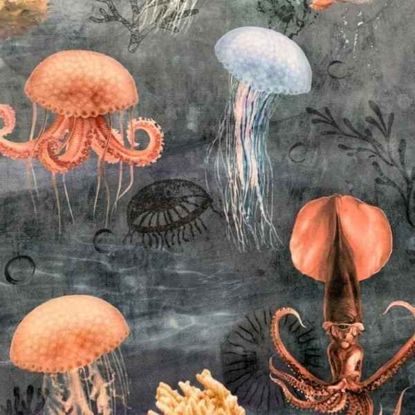 Jellyfish Dark Ocean Italian Velvet Digitally Printed - Fabric Design Treasures