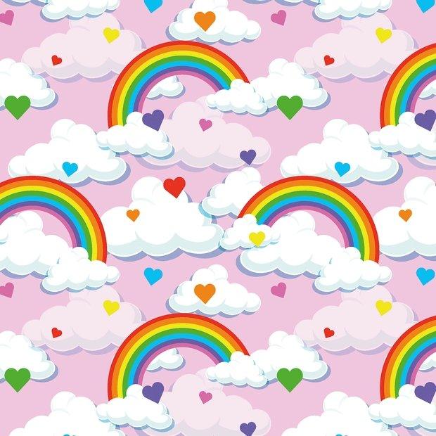 Jersey Knit Clouds, Rainbows and Hearts on Light Pink