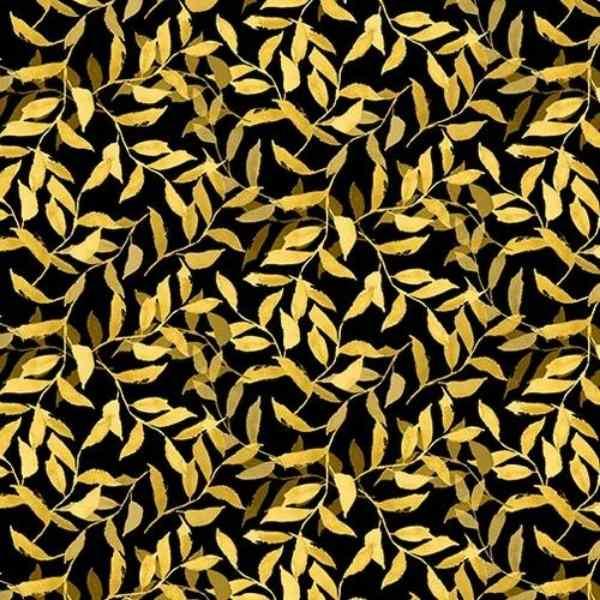 Leaves Gold Black Quilting Cotton Fabric Misty Morning - Fabric Design Treasures