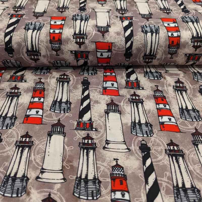 Lighthouse Fabric on Beige, By the Sea Collection, Cotton Fabric