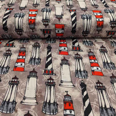 Lighthouse Fabric on Beige, By the Sea Collection, Cotton Fabric