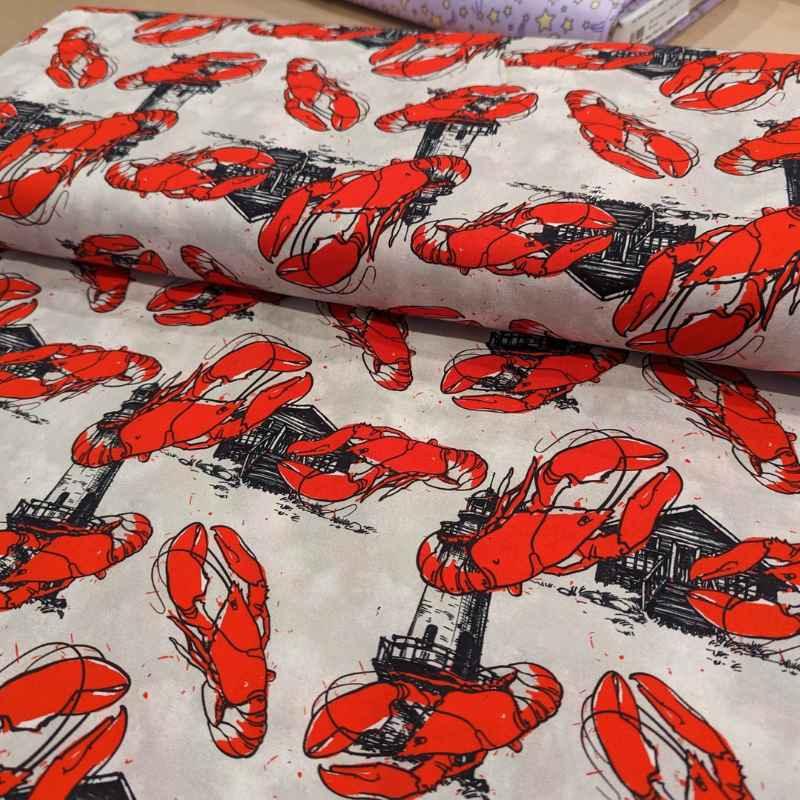 Lobster Fabric on Beige, By the Sea Collection, Cotton Fabric