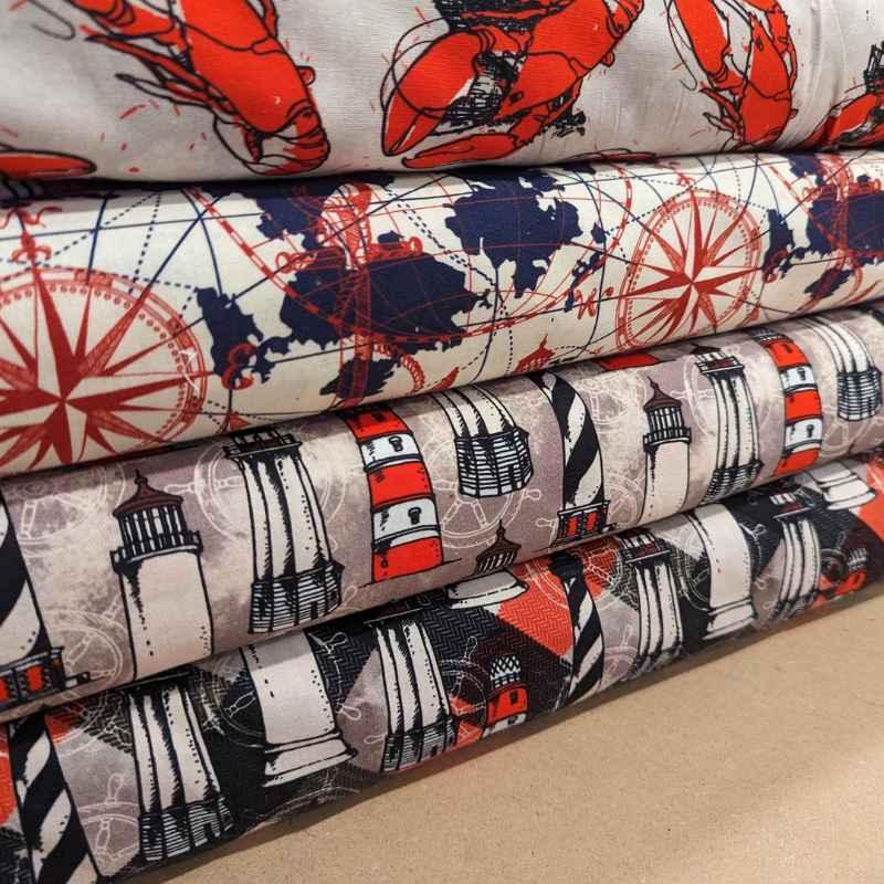 Lobster Fabric on Beige, By the Sea Collection, Cotton Fabric