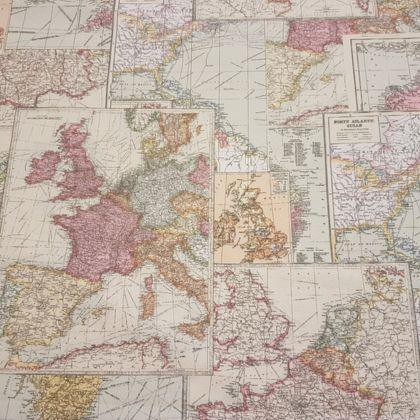 Map Fabric, Vintage World Map, Printed cotton canvas