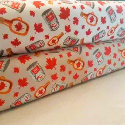 Maple Syrup fabric, Maple Syrup Bottle and Cans and Maple Leaf on White