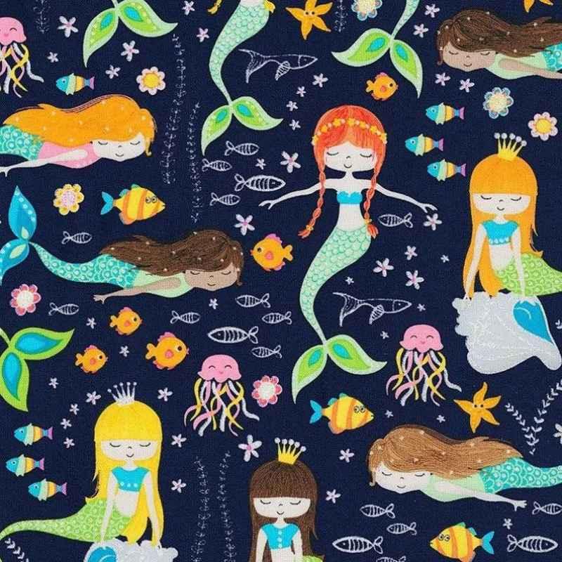 Mermaid Fabric, Sparkle and Shine Glitter Mermaids on Navy