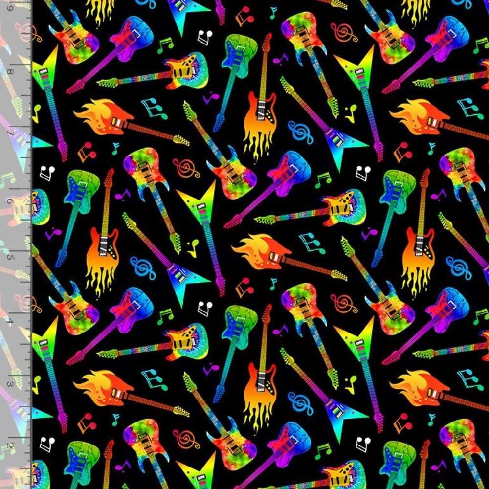 Mini Electric Guitars Fabric in Neon on Black, Digital Print