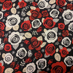 Modern Rose Linen Cotton in Black, Ivory & Red