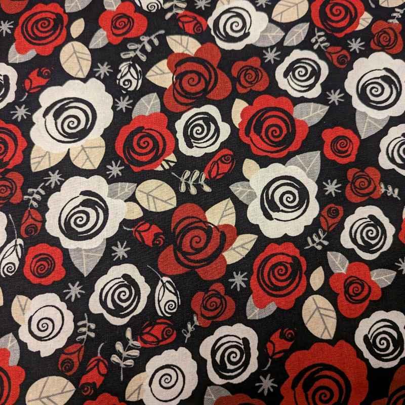 Modern Rose Linen Cotton in Black, Ivory & Red - Fabric Design Treasures