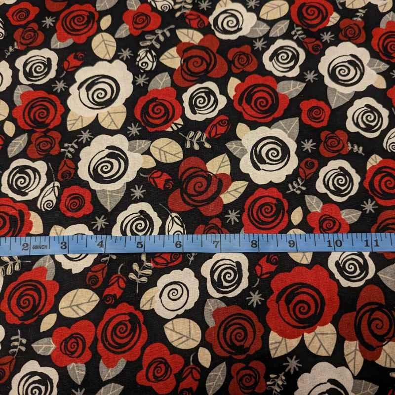 Modern Rose Linen Cotton in Black, Ivory & Red