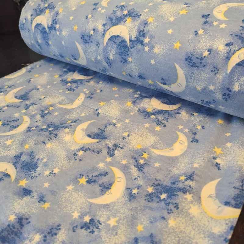 Moon, Stars, Constellation FLANNEL on light blue flannel fabric