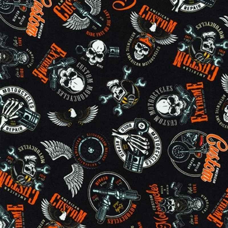 Motorcycle Emblems on Black Fabric - Fabric Design Treasures