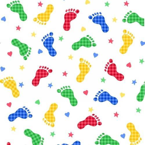 Multi-colored baby footprints FLANNEL print on White