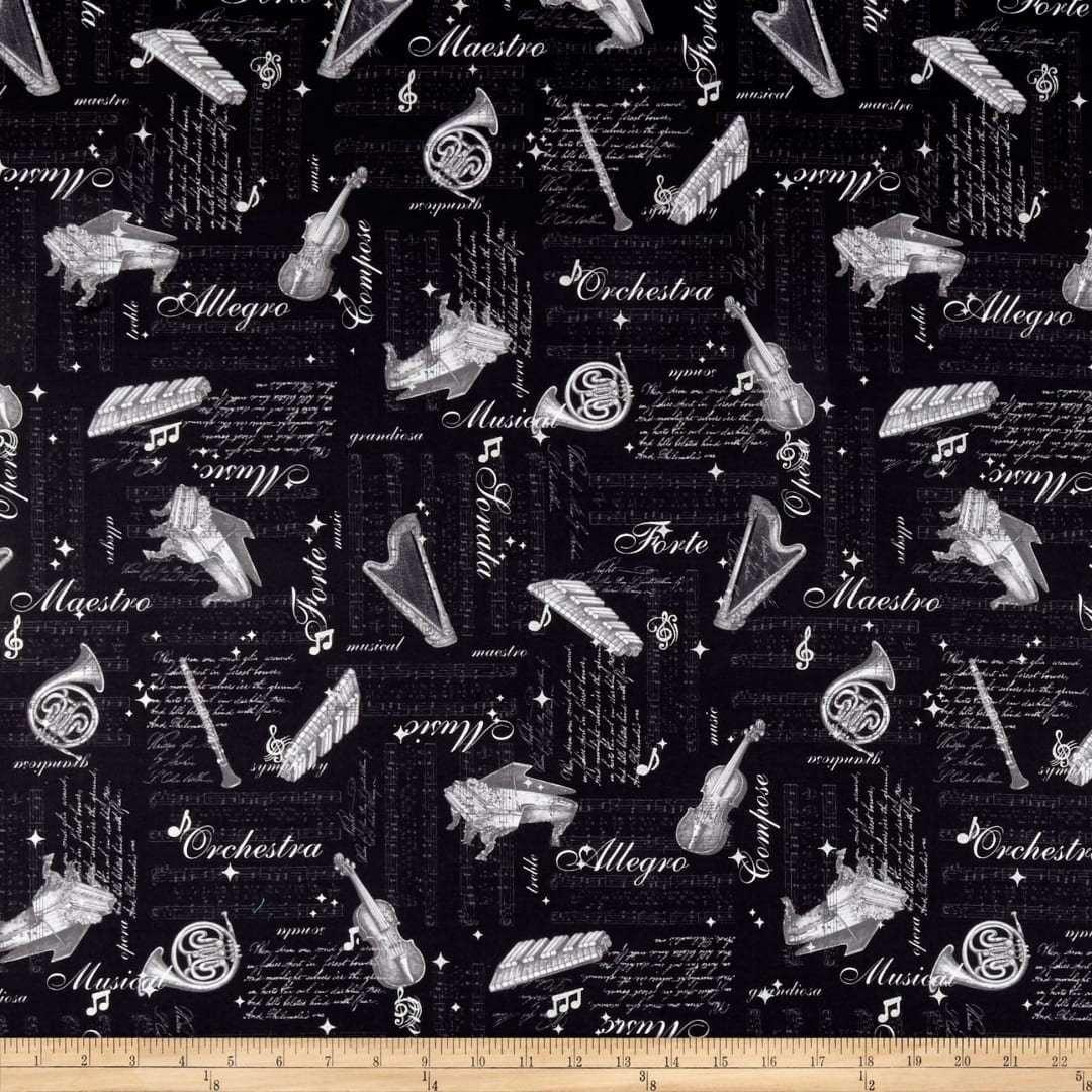 Musical Instruments on Black Background - Fabric Design Treasures