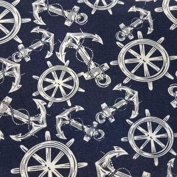 Nautical Fabric White Anchor and Steering Wheel on Black - Fabric Design Treasures