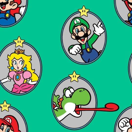 Nintendo Super Mario Badge on Green Background | Fabric Design Treasures