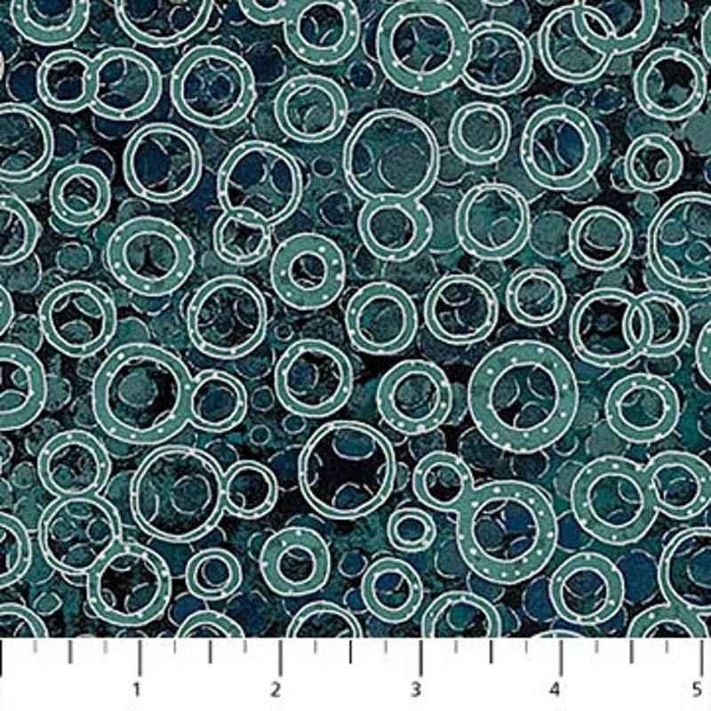 Northcott Shimmer 22992M fabric by Deborah Edwards featuring metallic circles on teal navy background.