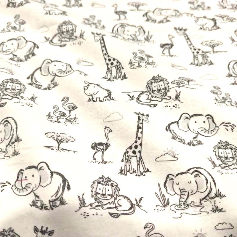 Nursery Flannel, Baby Jungle Animals in Black and White | Fabric Design Treasures