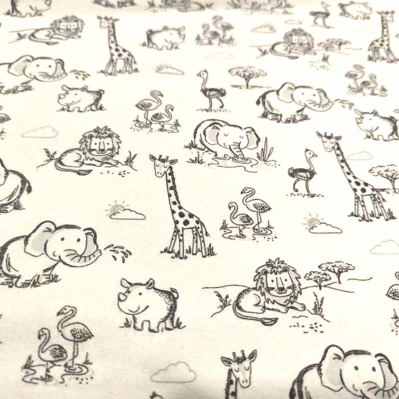 Nursery Flannel, Baby Jungle Animals in Black and White | Fabric Design Treasures