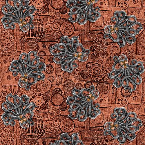 Octopus and Gears - Rust- Alternative Age fabric | Fabric Design Treasures