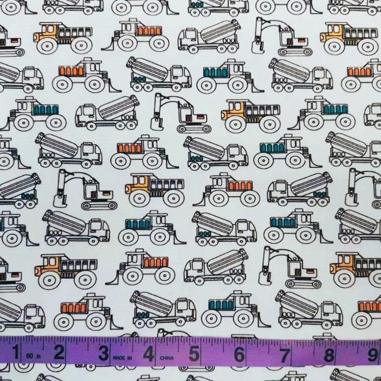 Oeko-Tex Jersey Knit Construction Vehicle Traffic in White | Fabric Design Treasures