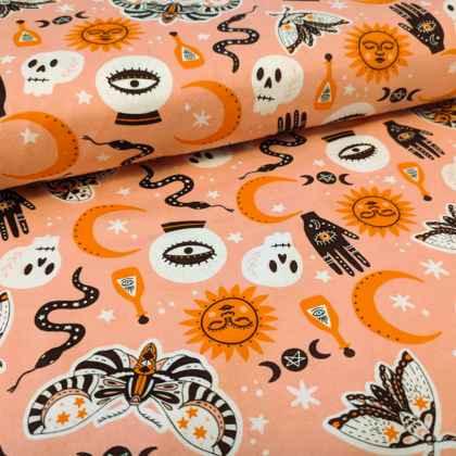Orange Halloween FLANNEL Fabric with Crystal Ball, Moth, Skull | Fabric Design Treasures