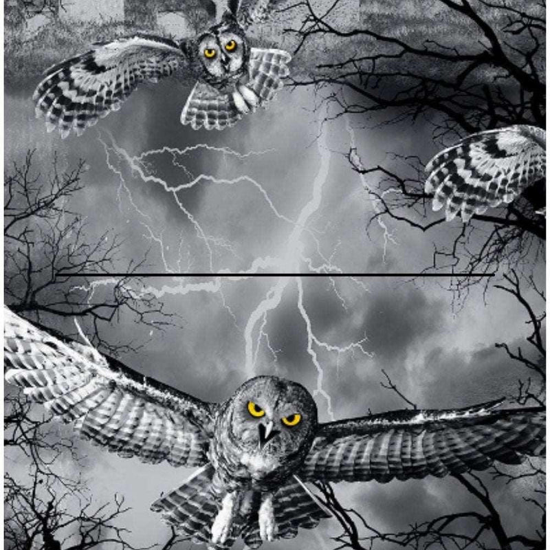 Owl Fabric, Halloween Fabric Owls in Graveyard, Black Gray | Fabric Design Treasures