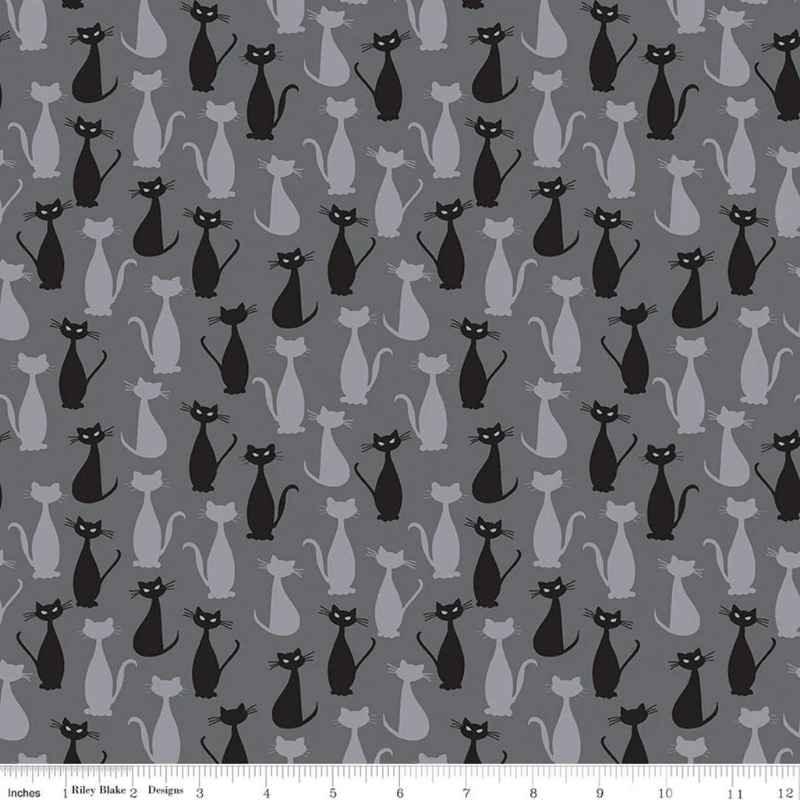 Packed Cat, Spooky Hollow Cats in Charcoal | Fabric Design Treasures