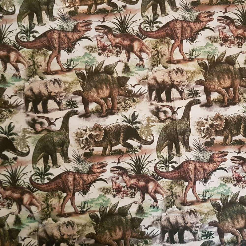 Packed Dinosaurs on Beige FLANNEL Fabric, Dinosaur Flannel | Fabric Design Treasures