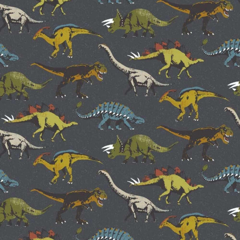 Packed Dinosaurs on Grey FLANNEL Fabric | Fabric Design Treasures