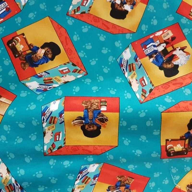 Paddington Bear fabric in Blue Red Teal | Fabric Design Treasures