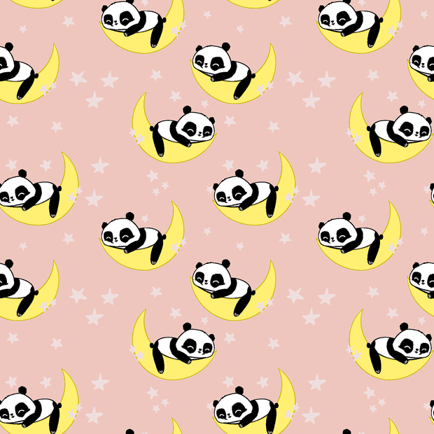 Panda Over the Moon and Stars on Pink Jersey Knit | Fabric Design Treasures