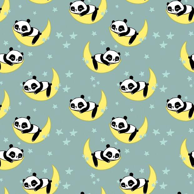 Panda Over the Moon and Stars on Teal Jersey Knit | Fabric Design Treasures