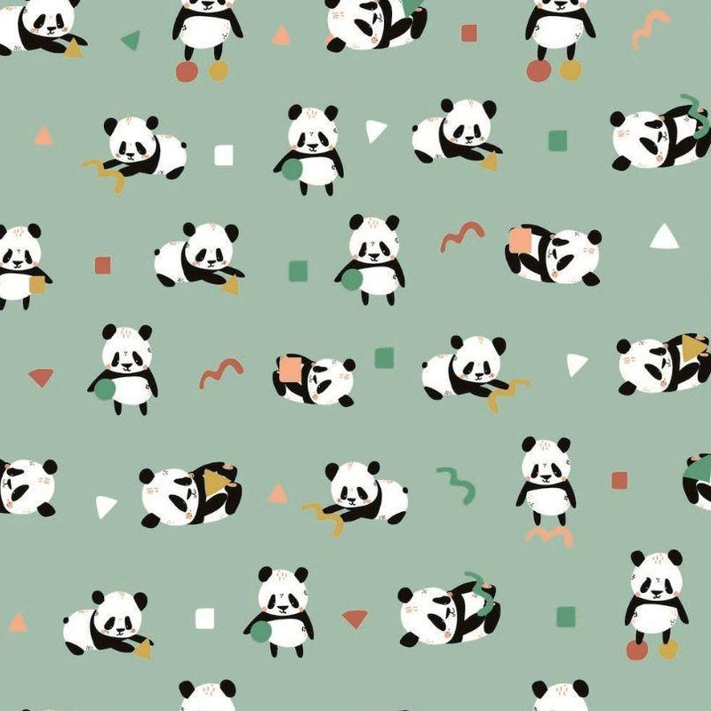 Panda Panda at Play on Mint Green Organic Jersey Knit | Fabric Design Treasures