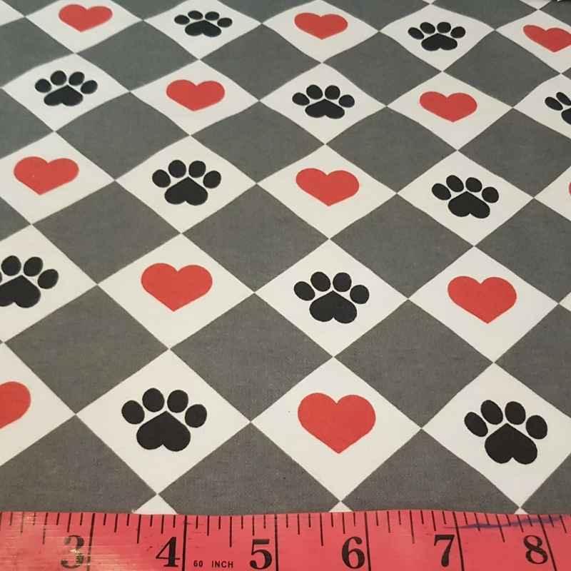 Paws and Hearts FLANNEL Fabric on White and Grey Flannel | Fabric Design Treasures