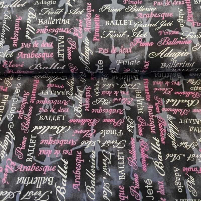 Pearl Ballet Words Pink/Black - Pink and Grey Text on Black | Fabric Design Treasures