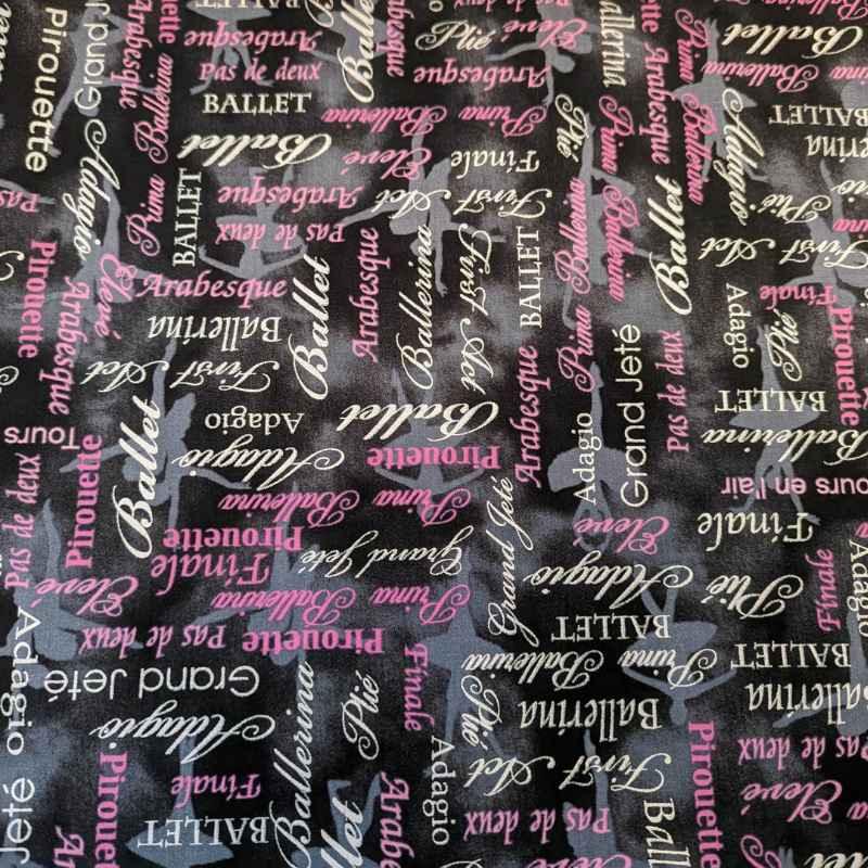 Pearl Ballet Words Pink/Black - Pink and Grey Text on Black | Fabric Design Treasures