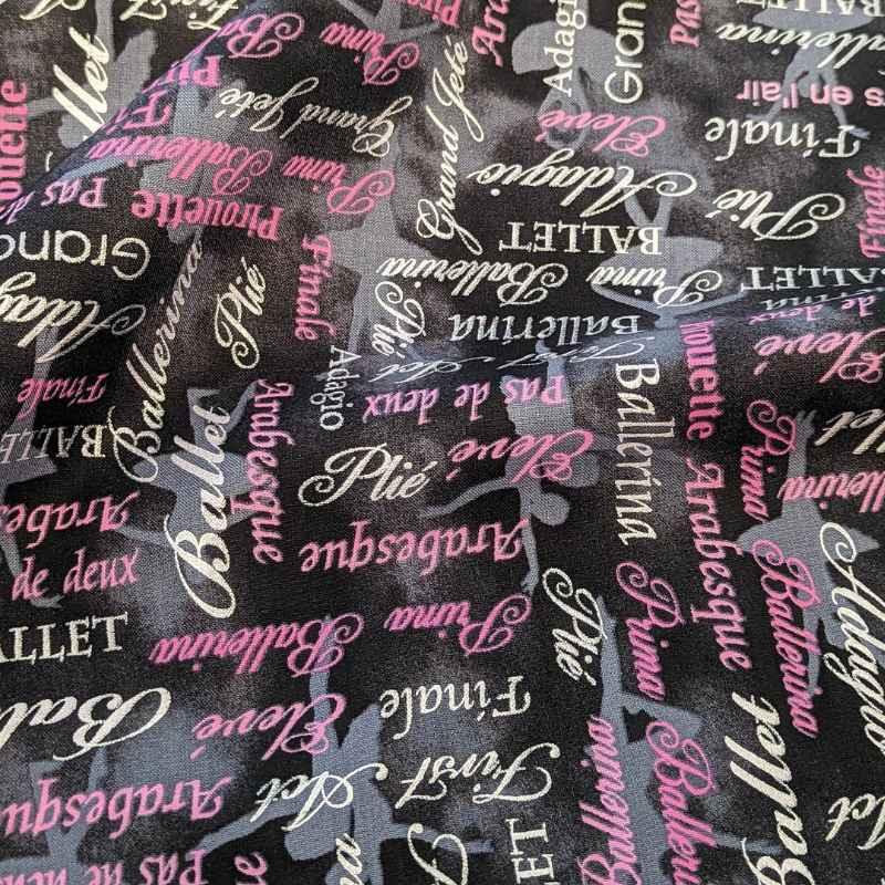 Pearl Ballet Words Pink/Black - Pink and Grey Text on Black | Fabric Design Treasures