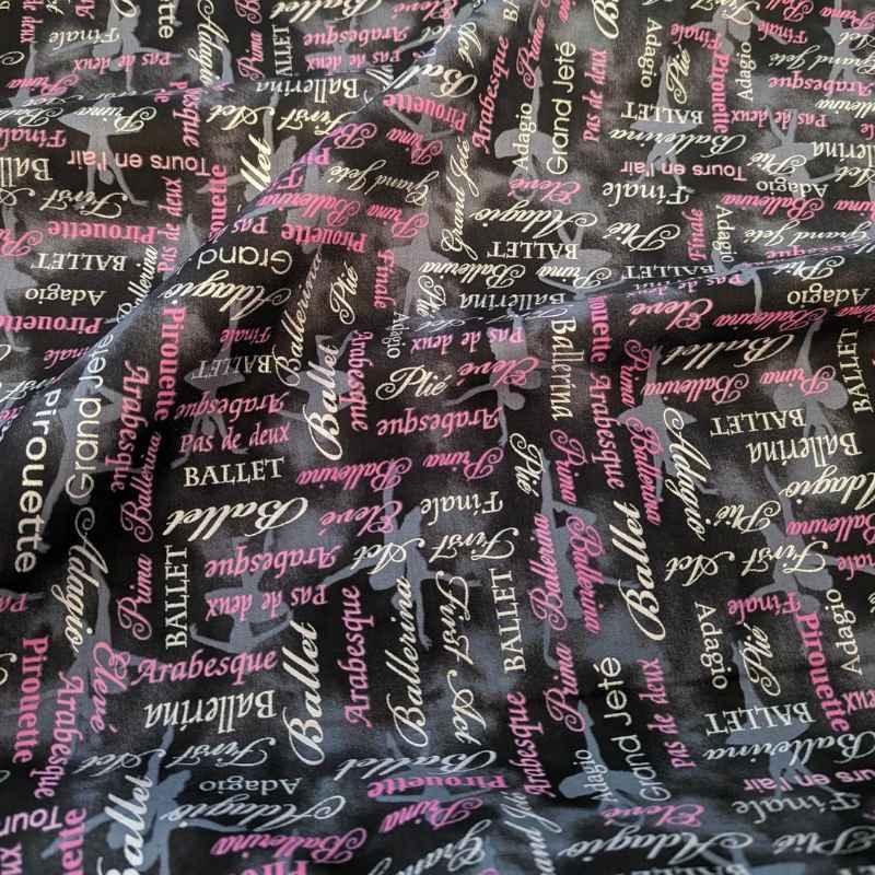 Pearl Ballet Words Pink/Black - Pink and Grey Text on Black | Fabric Design Treasures