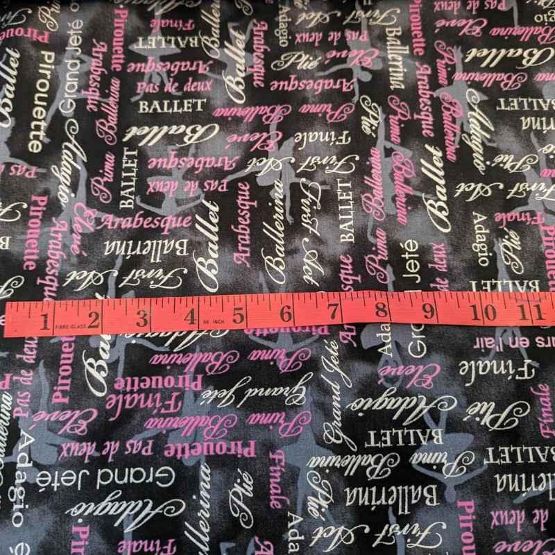 Pearl Ballet Words Pink/Black - Pink and Grey Text on Black | Fabric Design Treasures
