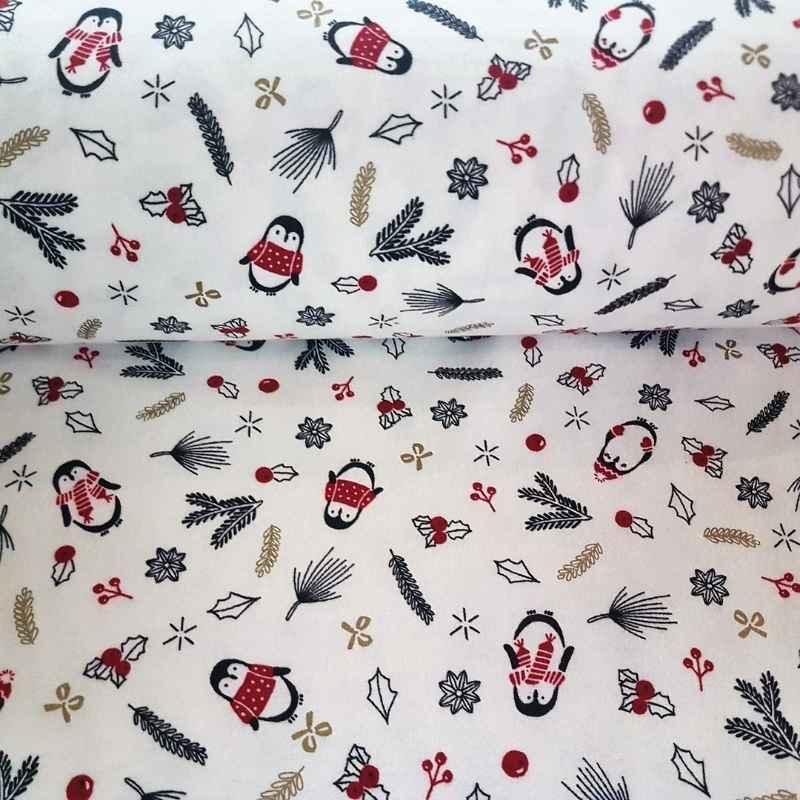 Penguin Flannel Fabric on White Christmas Flannel | Fabric Design Treasures