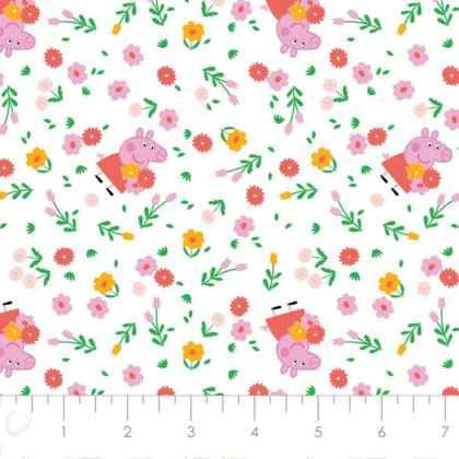 Peppa the Pig FLANNEL in White, Bunches of Flowers | Fabric Design Treasures