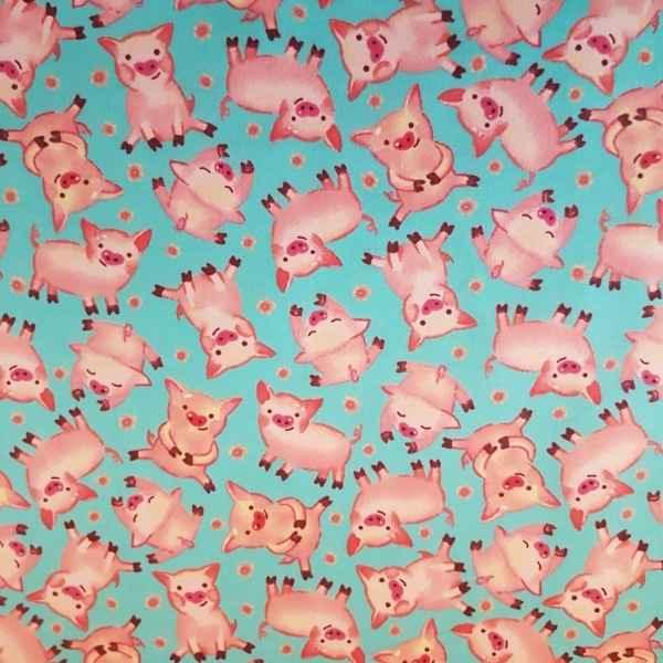 Pink Pig Flannel Fabric on Teal | Fabric Design Treasures