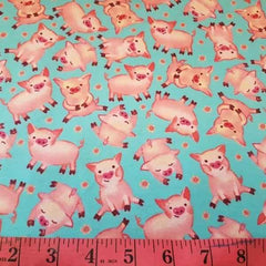 Pink Pig Flannel Fabric on Teal | Fabric Design Treasures