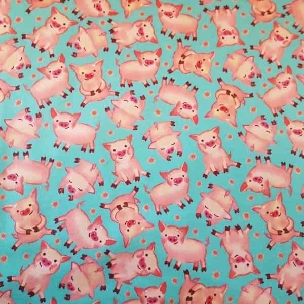 Pink Pig Flannel Fabric on Teal | Fabric Design Treasures
