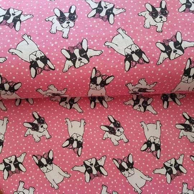 Playful Dogs on White Dotted Pink FLANNEL | Fabric Design Treasures